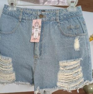 Valia Sky Blue Ripped Jean Shorts